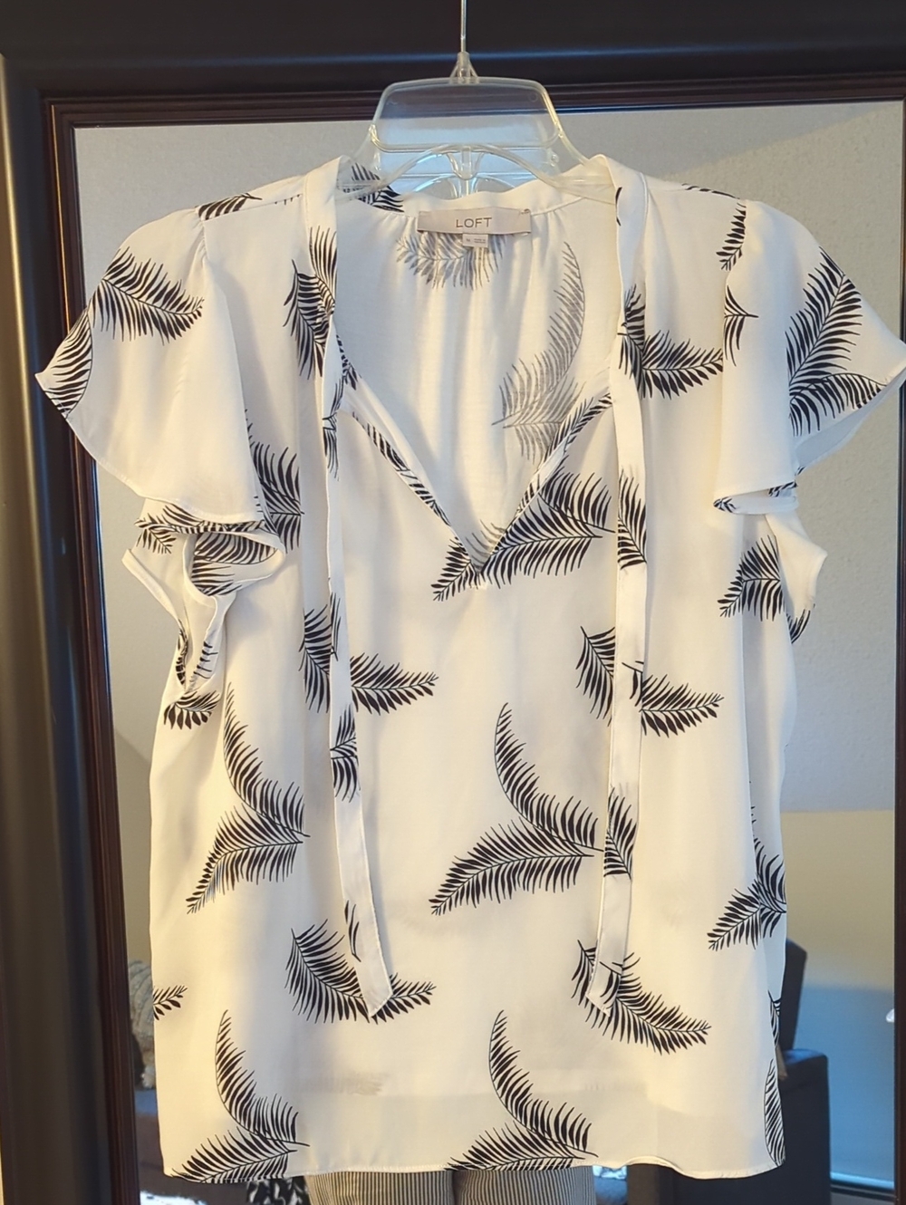 LOFT White Blouse with Black Palm Leaf Print and Tie V-Neck